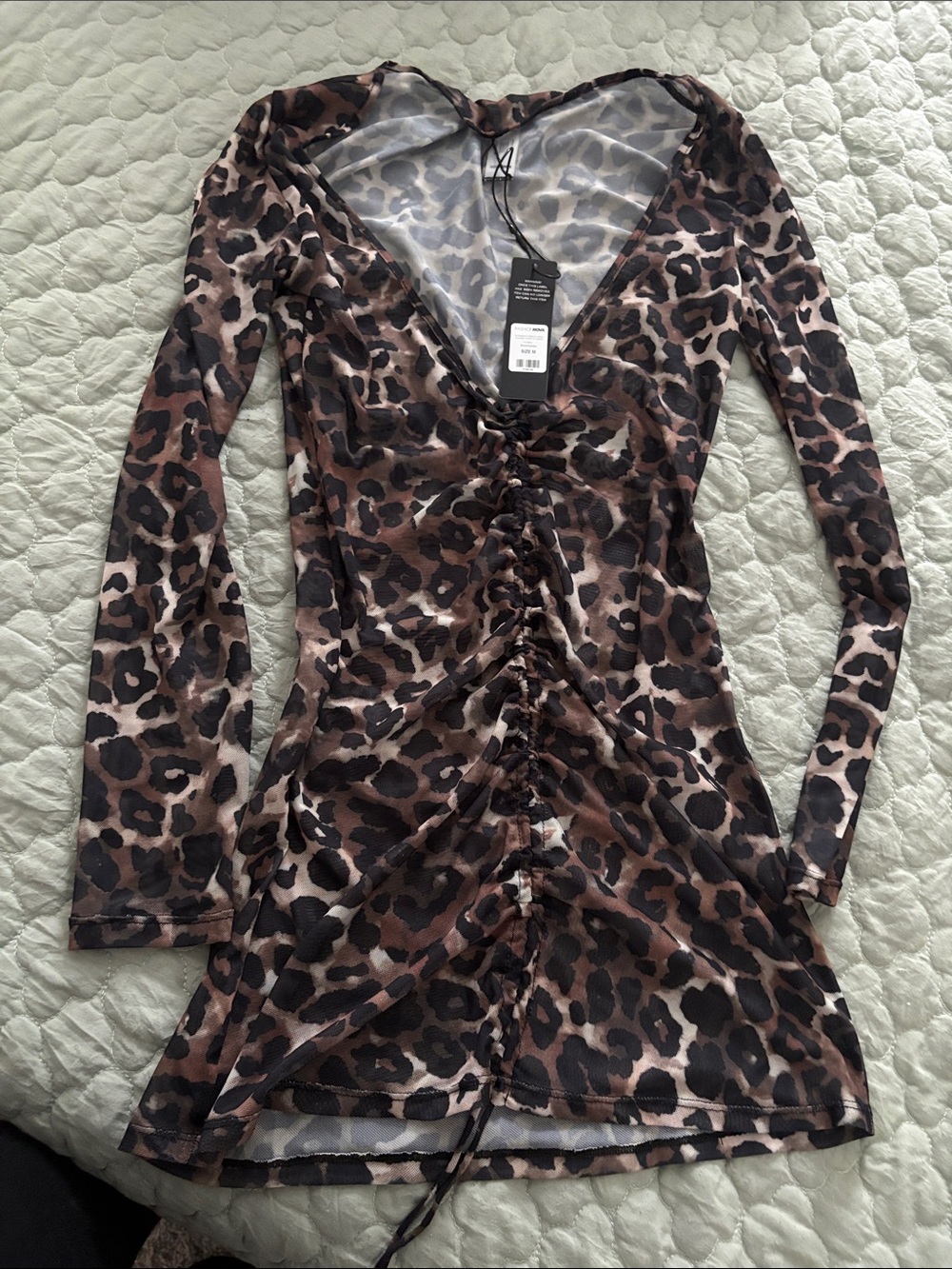 Long-Sleeve Leopard Ruched Mini Dress in Brown